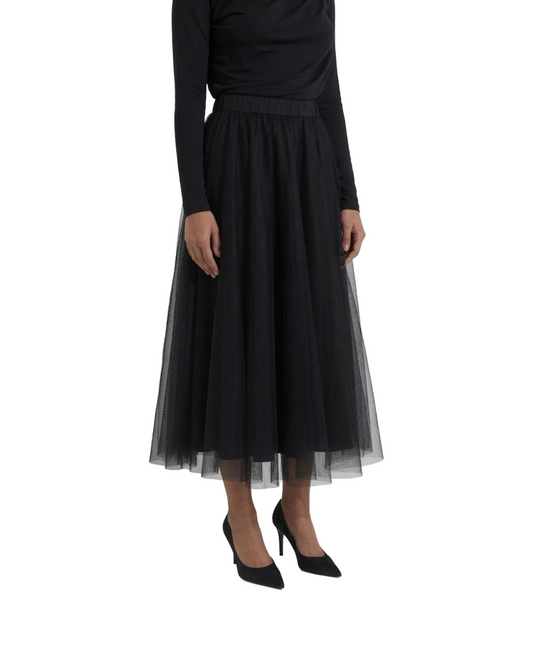 Jupe longue en tulle noir, coupe évasée, taille élastique confortable, vue à plat.