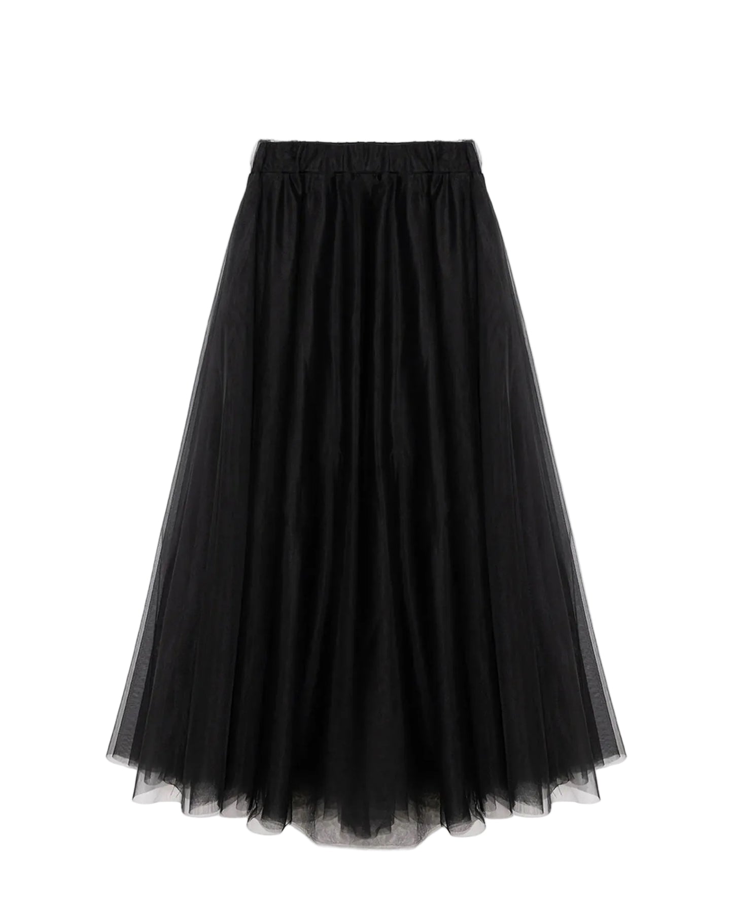 vue à plat du produitJupe longue en tulle noir - vue à plat, coupe évasée, ceinture élastique - Elma Haneul