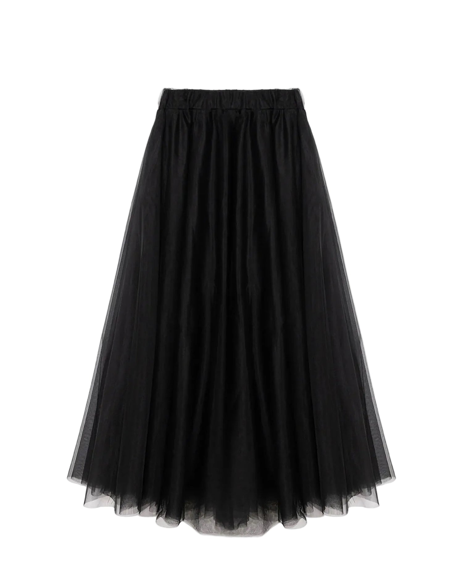 vue à plat du produitJupe longue en tulle noir - vue à plat, coupe évasée, ceinture élastique - Elma Haneul