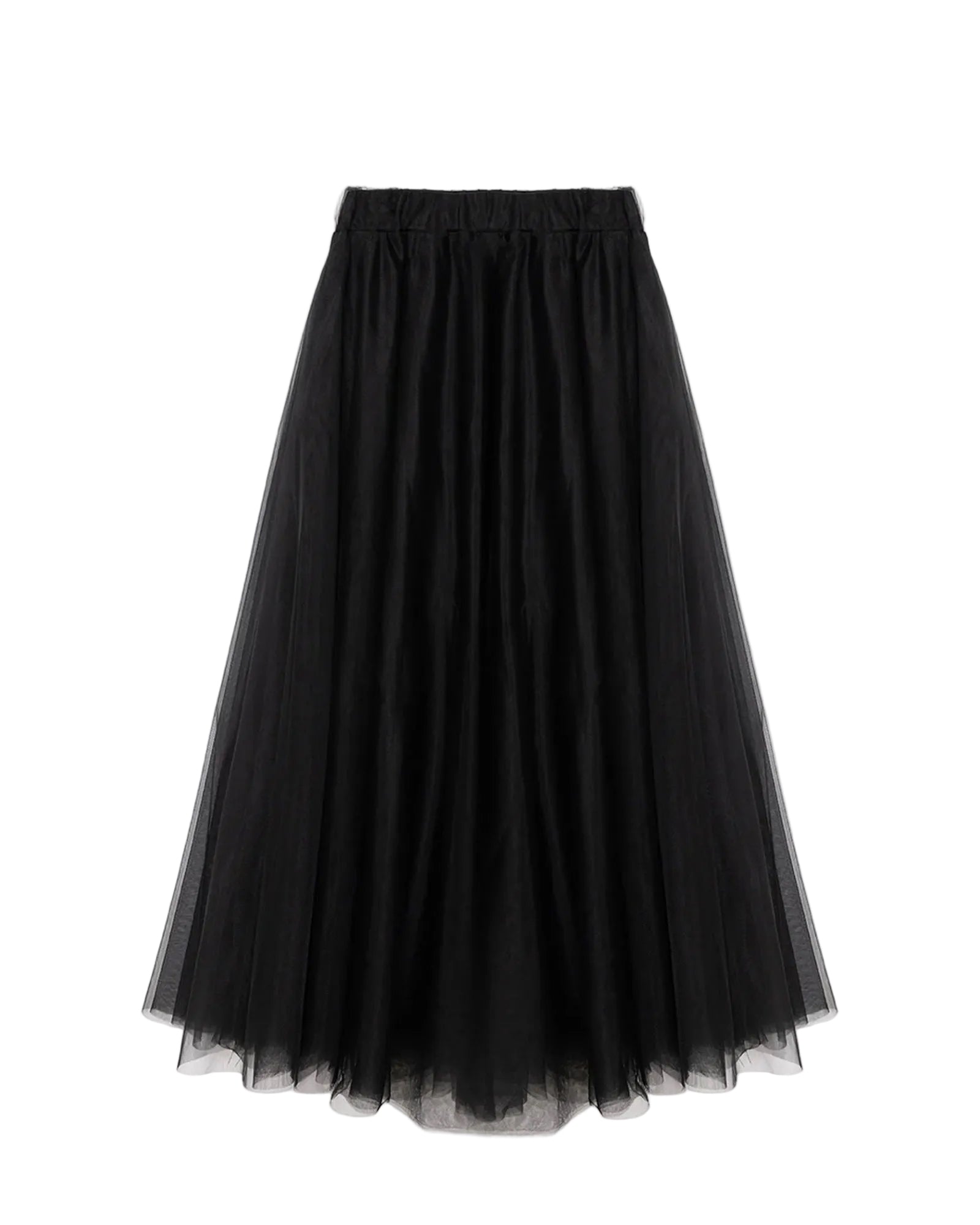 vue à plat du produitJupe longue en tulle noir - vue à plat, coupe évasée, ceinture élastique - Elma Haneul