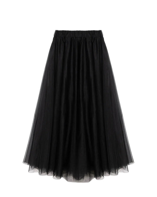 vue à plat du produitJupe longue en tulle noir - vue à plat, coupe évasée, ceinture élastique - Elma Haneul
