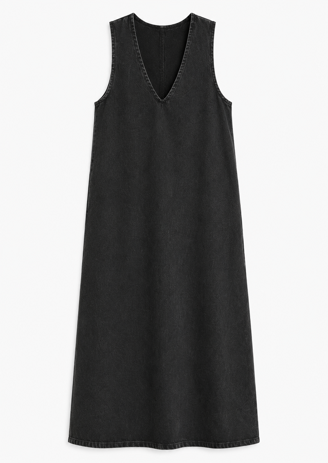 Robe chasuble en jean noir col V sans manches - vue produit face